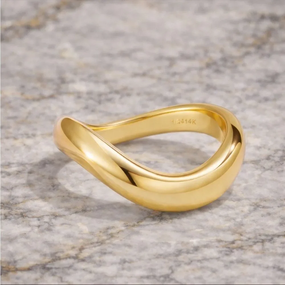 14K Gold Wave Band Ring 5MM Dainty Minimalist Statement Band Stackable Preppy